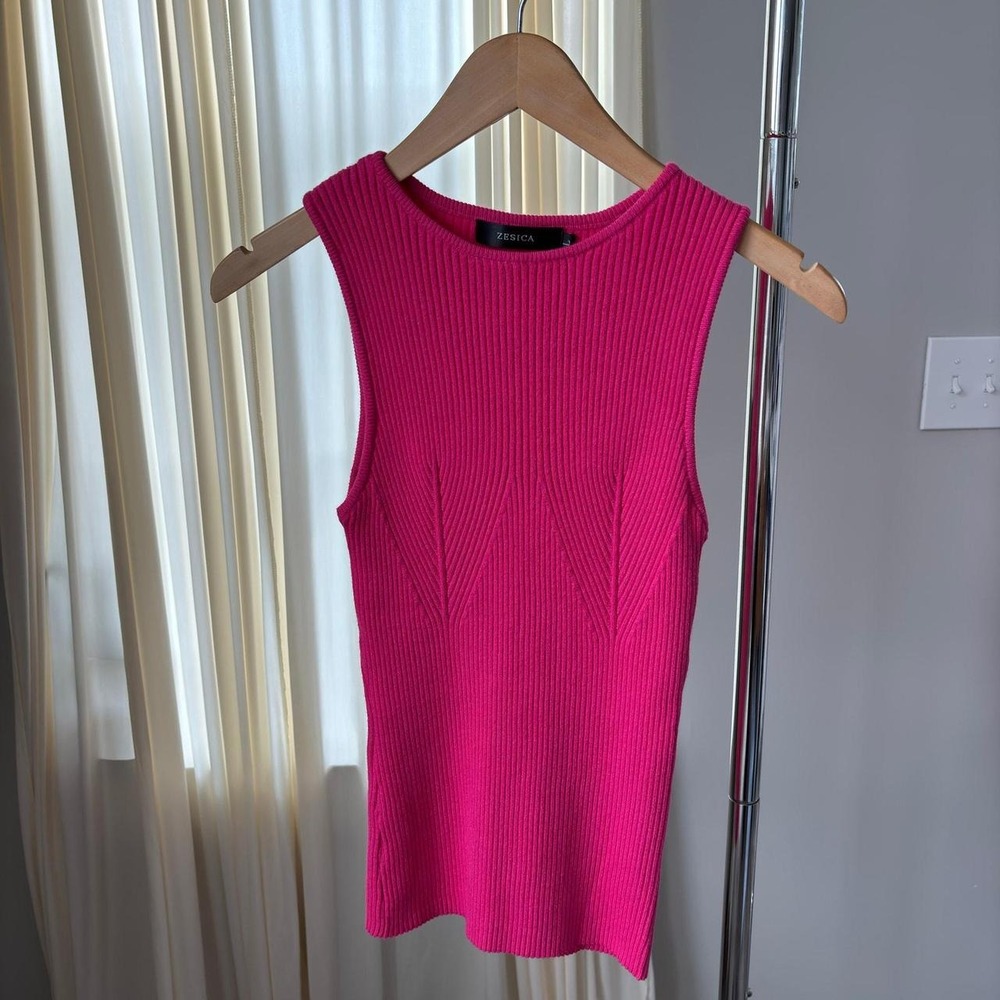 Zesica Hot Pink Ribbed Knit Tank Top L Chevron Corset Stitch Feminine Y2K Glam